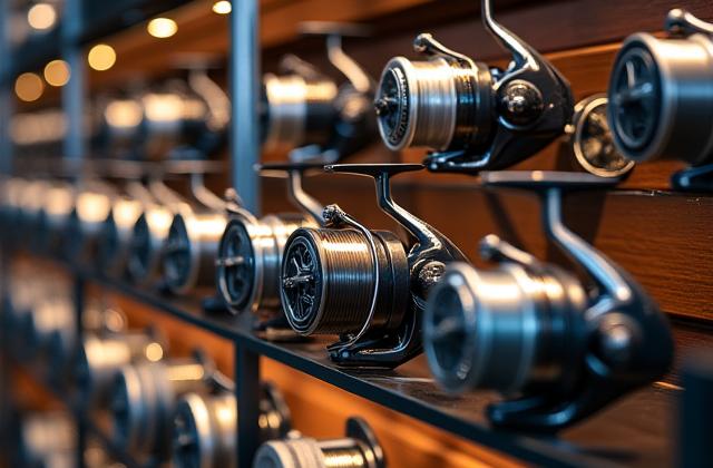 An organized display case showcasing various high-quality fishing reels, from spinning to baitcasting, inside Caribou Cast.