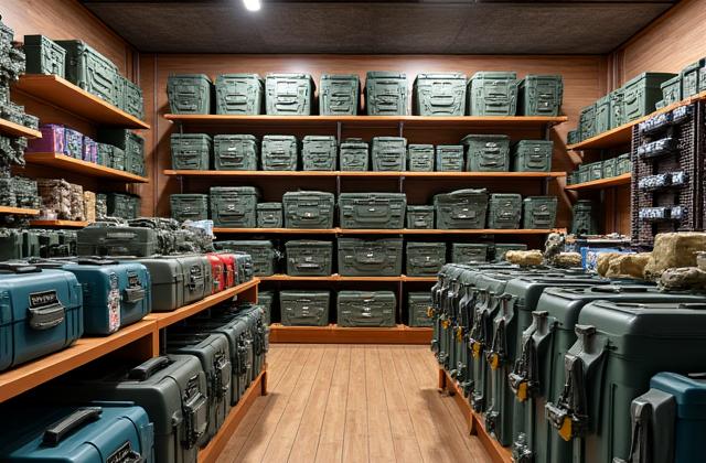 Shelves neatly stacked with a variety of durable tackle boxes and fishing bags of different sizes and designs.
