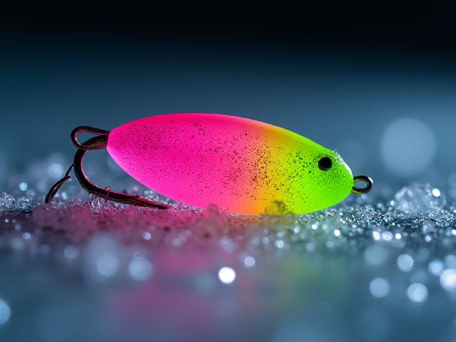 Fluorescent pink and chartreuse custom painted ice jig