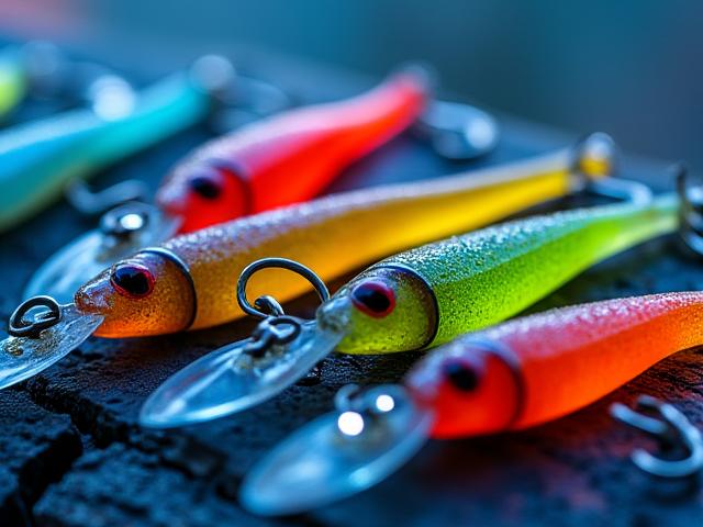 Colorful selection of ice fishing lures and jigs