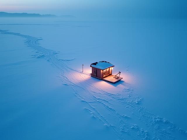 Angler inside an ice fishing hut on a vast frozen lake