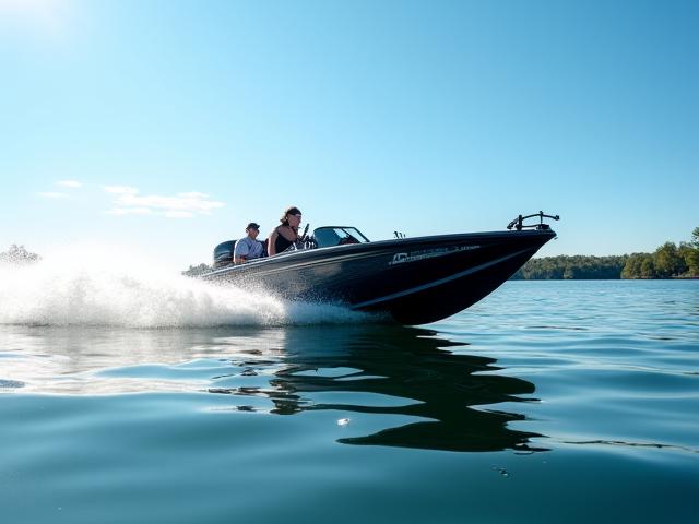 High-performance bass boat speeding across a lake during a tournament