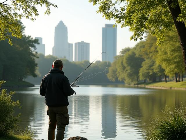 Angler casting a line in a city park with a cityscape background at sunset