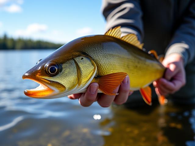 Close-up of a large walleye being held by an angler