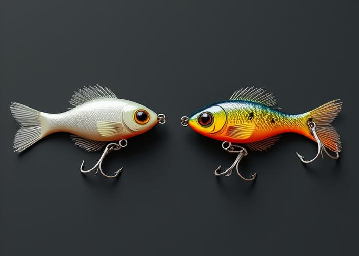 Before and after image of a fishing lure, showing a plain lure next to a custom painted, highly detailed, realistic lure