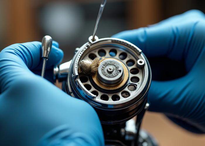 Close-up of fishing reel gears being meticulously cleaned by a technician's hand with specialized tools