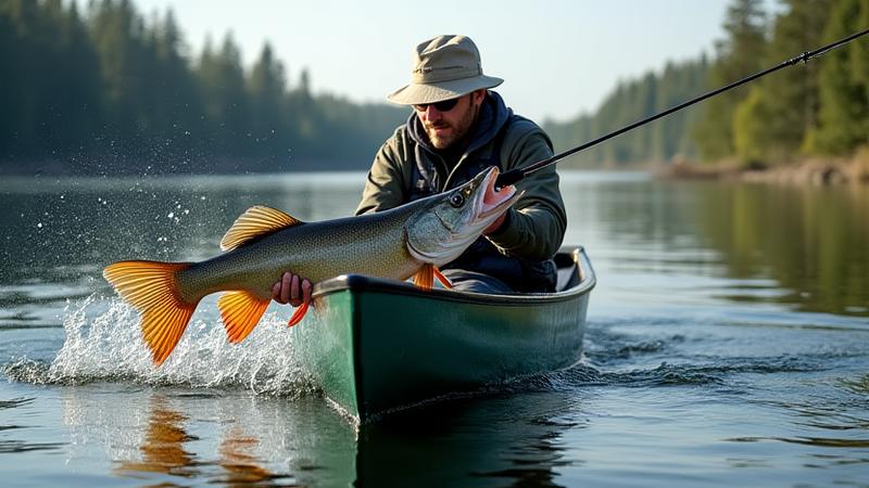Angler catching a large northern pike from a canoe