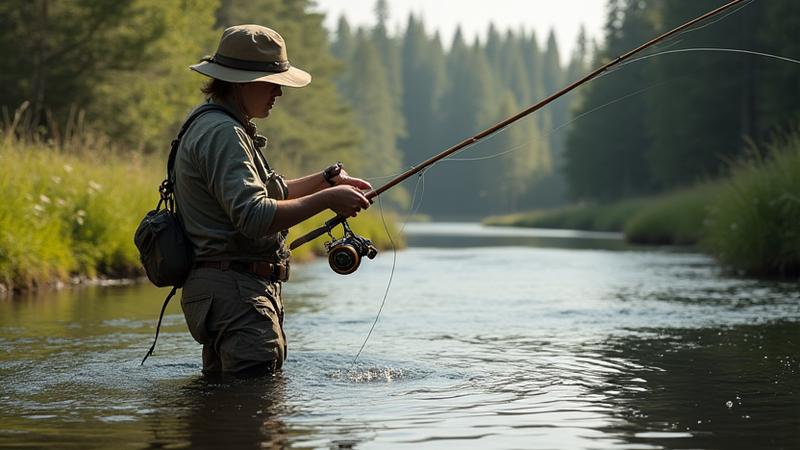 Angler using a spin-to-fly setup to catch trout in a creek