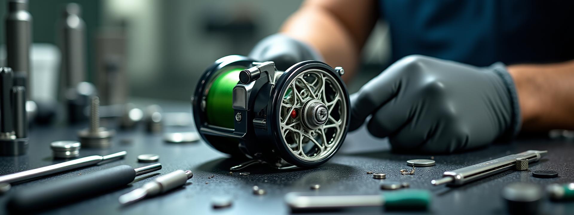 Close-up of a fishing reel disassembled on a clean workbench with specialized tools and a technician's hands, in a professional workshop setting.