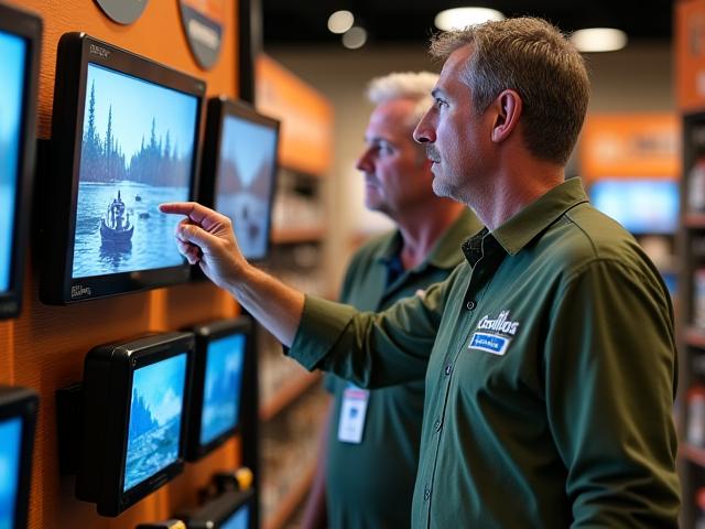 Caribou Cast staff member explaining fish finder features to a customer in the store