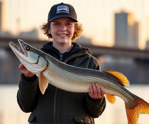 Urban angler showing off a pike near a city bridge
