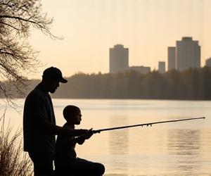 Child fishing with an adult on a riverbank with city skyline