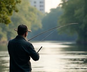 Fly fisherman with a backdrop of trees and a distant building