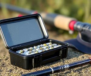 Compact tackle box open next to fishing rod on grass